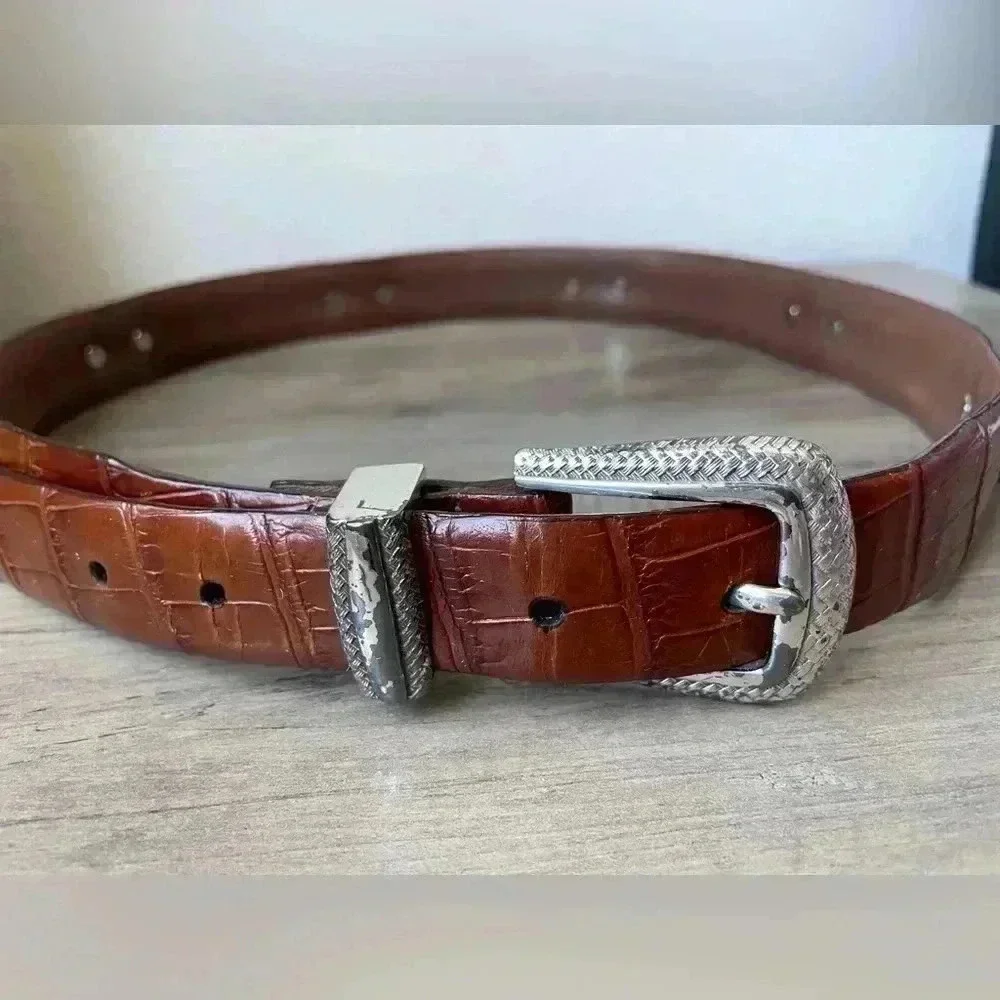 Vintage Cognac Croc-Embossed Leather Belt with Silver-Tone Buckle
